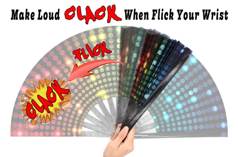 OMyTea Large Rave Clack Popping Fan for Line Dancing - Boots on The Ground Folding Hand Fan - for EDM, Music Festival, Hot Flashes, Party, Decoration (Disco Lights Dots) - Image 5